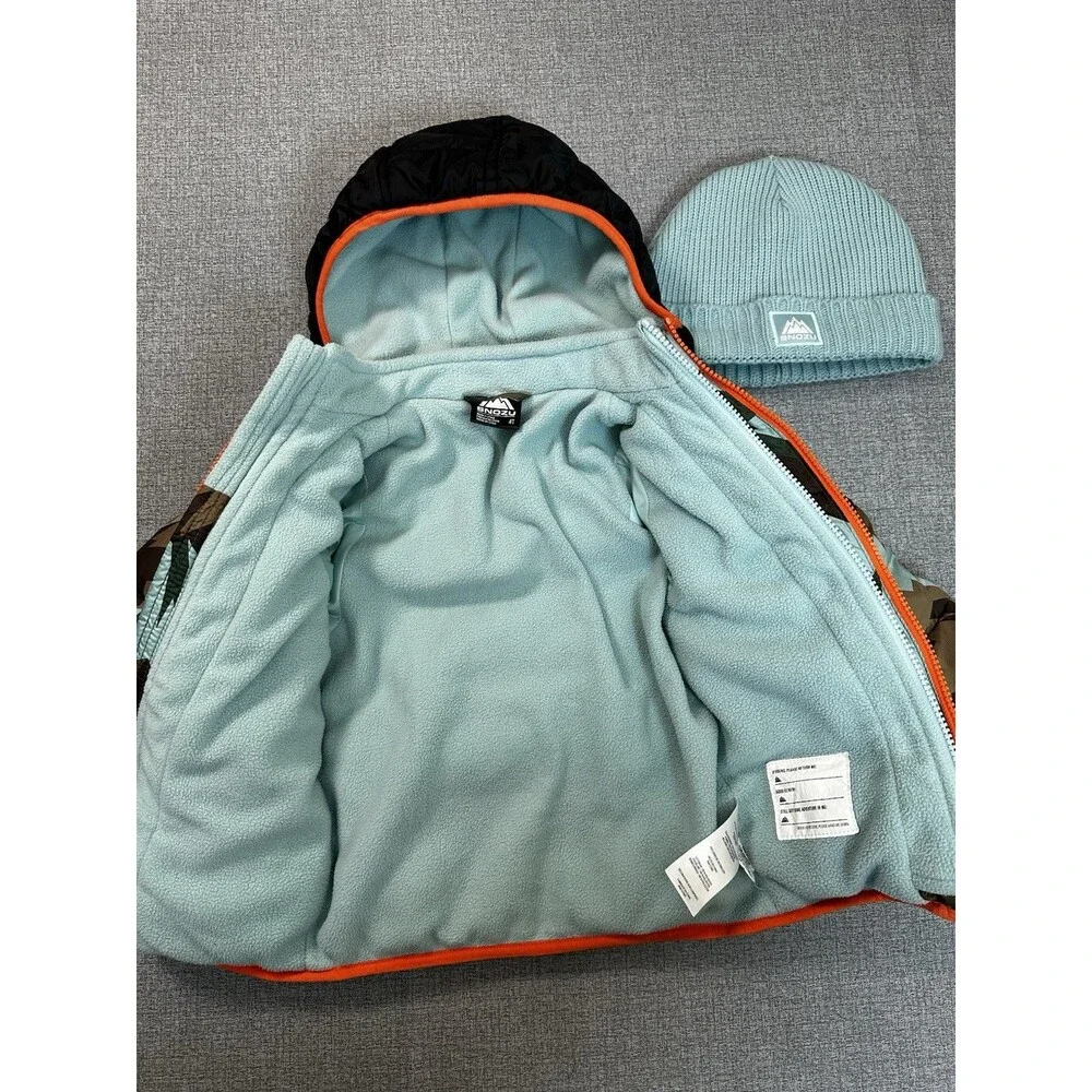 SNOZU Puffer Jacket and Beanie Set Blue Camo Winter Warm Hooded Boys Size 4 T